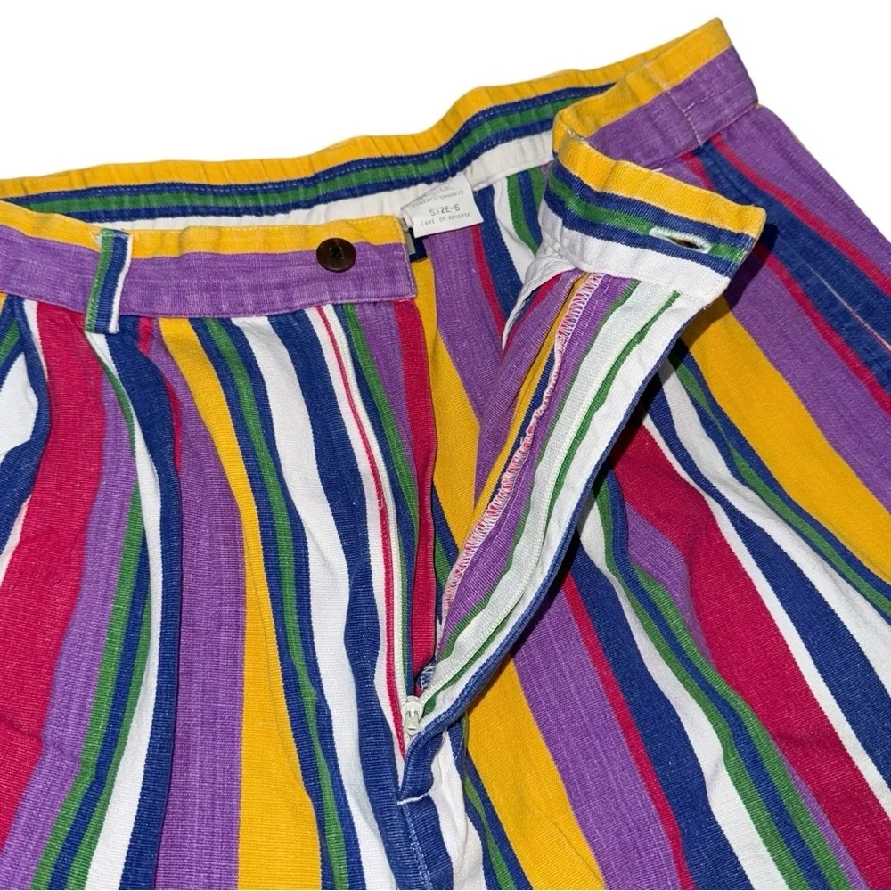 Vintage 80s Ruff Hewn High Rise Bold Rainbow Stripe Pleated Shorts Sz 6 Cotton